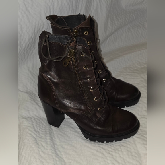 OSVALDO ROSSI Italian Leather Lace Up Women's 37 Platform Lug Sole Brown Booties - Picture 1 of 16